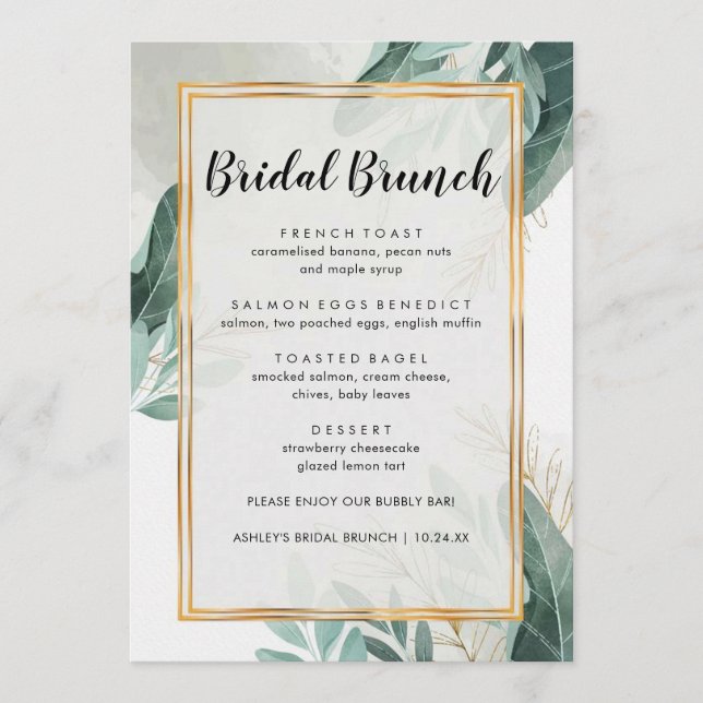 Elegante Greenery Floral Bridal Menu Brunch (Frente)