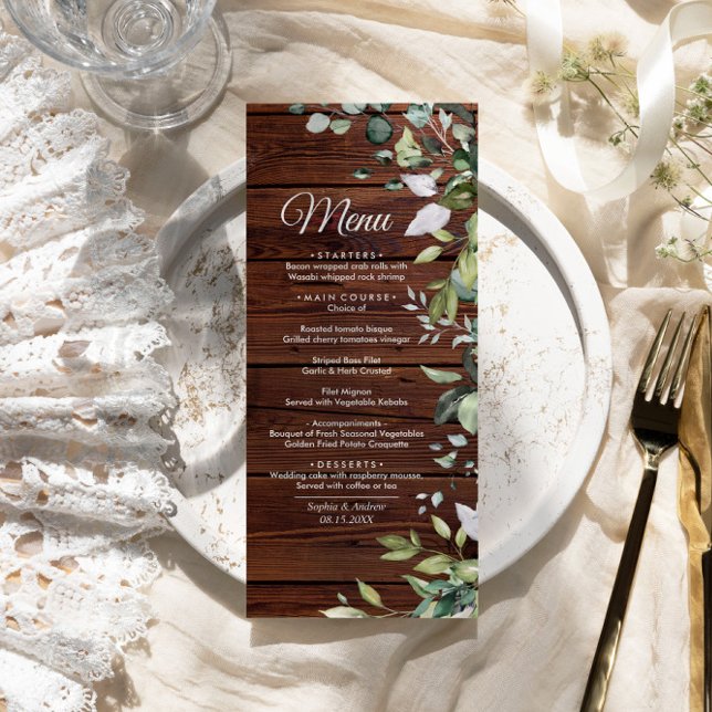 Elegante Greenery Rustic Wood Weding Menu (Criador carregado)
