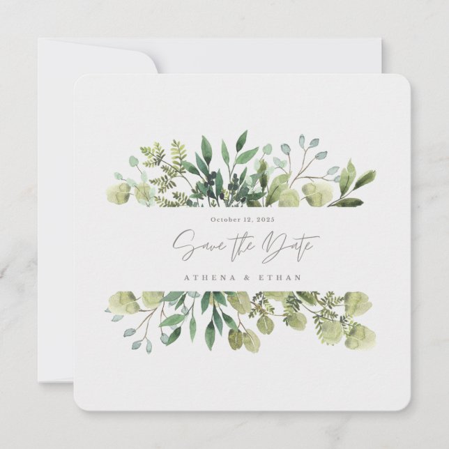 Elegante Greenery Salve A Data Convite De Casament (Frente)