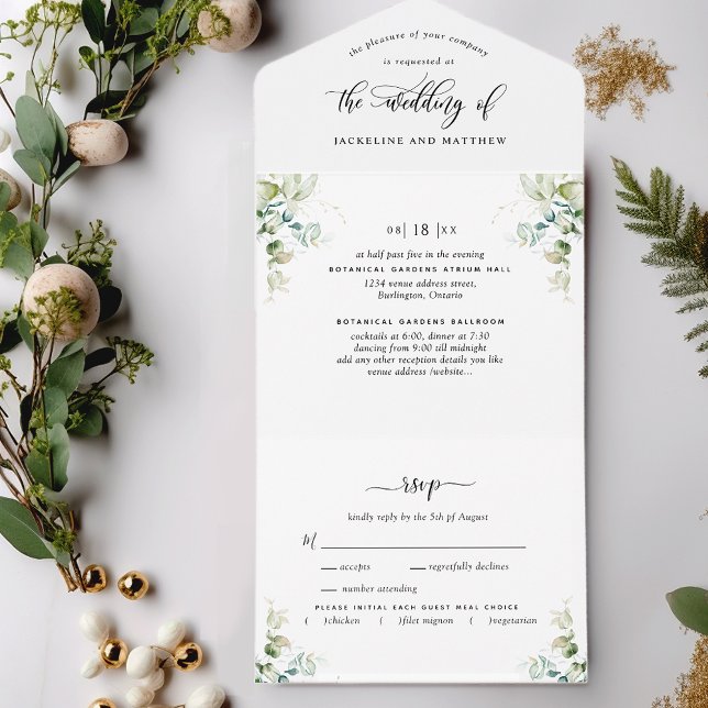 Elegante Greenery Tudo em Um Convite de casamento (Criador carregado)