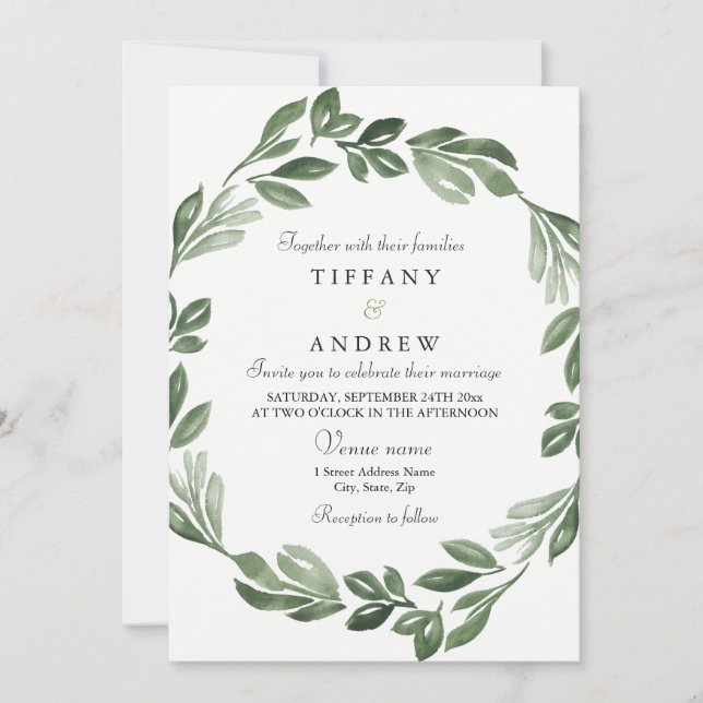 Elegante Greenery Watercolor Convite de casamento (Frente)