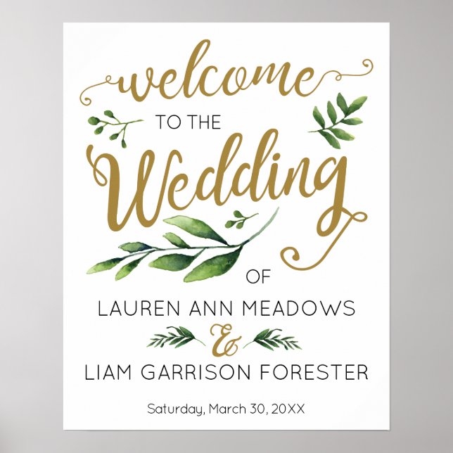 Elegante Greenery Wedding Poster de Boas-vindas (Frente)