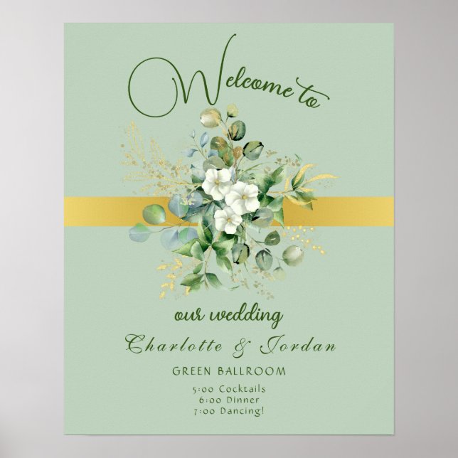 Elegante Greenery Wedding Poster de Boas-vindas (Frente)