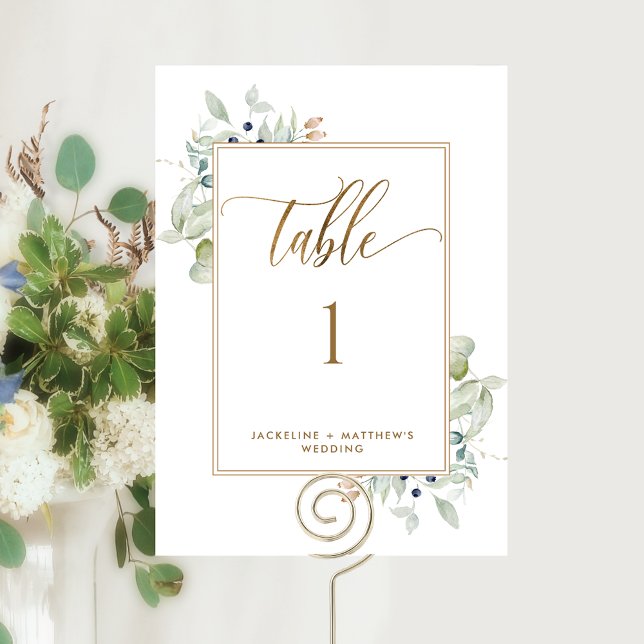 Elegante Greenery Wedding Table Number, White (Criador carregado)