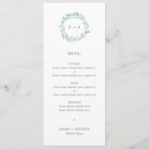 Elegante Greenery Wreath Monograma Menu Casamento