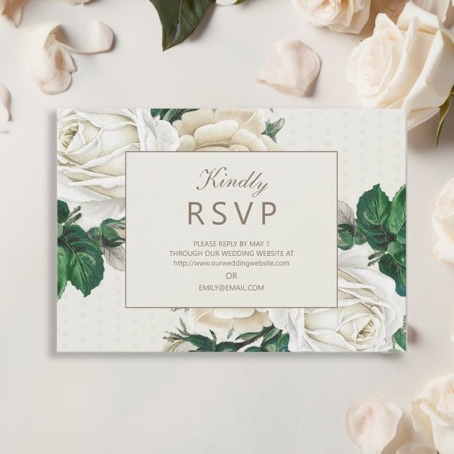 Elegante Ivory Cream Floral Wedding RSVP (Elegant white vintage roses wedding RSVP card)