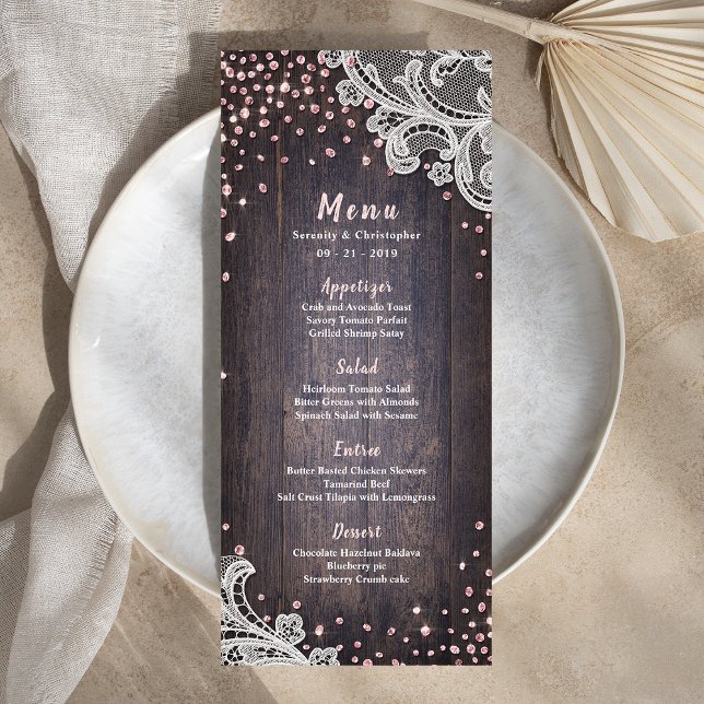 Elegante Lace wood rosa-brilho menu de casamento r (Elegant Lace wood pink glitter rustic wedding menu)