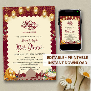Elegante Lanterna de Convite de Iftar Burgundy e D