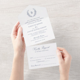 Elegante Laurel Wreath Blue Casation Monogramas Cr