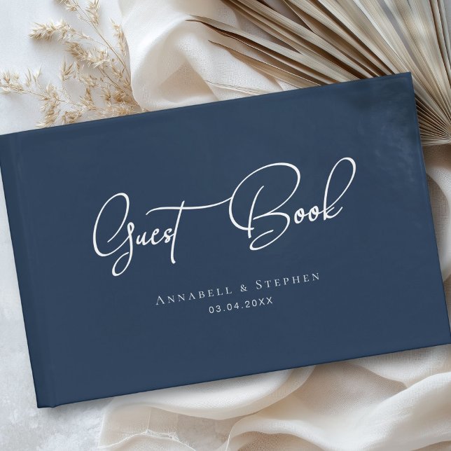Elegante, Letra Script, Azul, Livro de Convidado C (Elegant, Script Font, Blue, Wedding Guest Book)