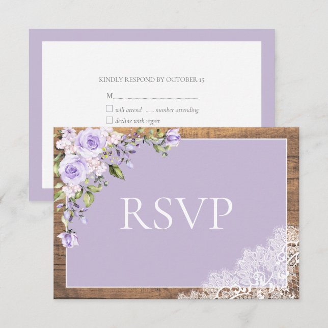 Elegante Lilac Lavanda Rustic Lace Wedding RSVP (Frente/Verso)