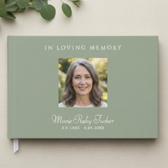 Elegante Livro de Visitas de Funeral com Foto em V (Elegant Sage Green Funeral Sign In Guest Book)