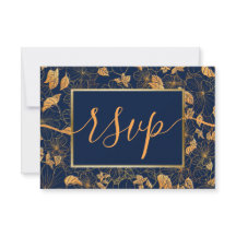 Elegante Magnífico Folhas Douradas Azul Naval RSVP