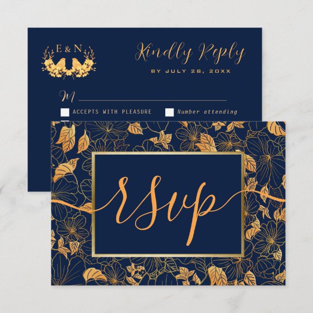 Elegante Magnífico Folhas Douradas Azul Naval RSVP (Frente/Verso)