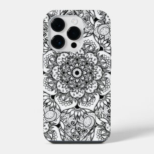 Elegante Mandala Floral Preta Desenho Branco