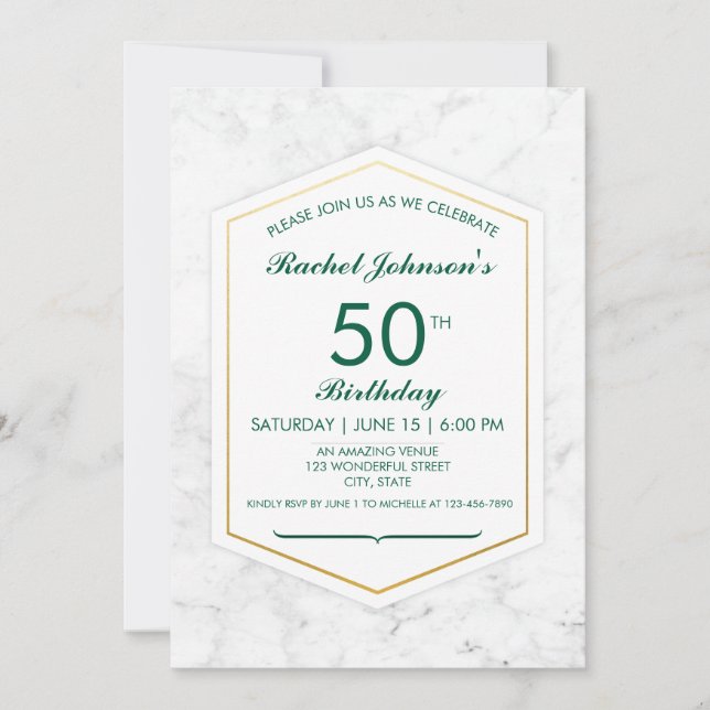 Elegante Marble e Dourado 50º Convite de Aniversár (Frente)