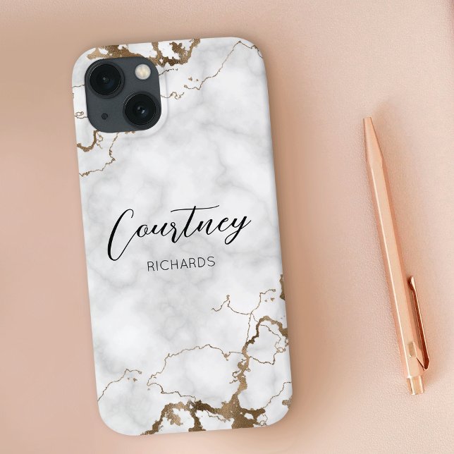 Elegante Marble Faux Dourado Glitter Monographic N (Gold glitter marble personalized phone case with custom name or logo)
