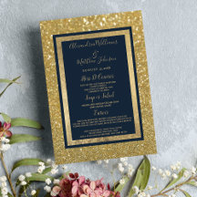 Elegante Marinho Glitter Azul Dourado Menu Casamen