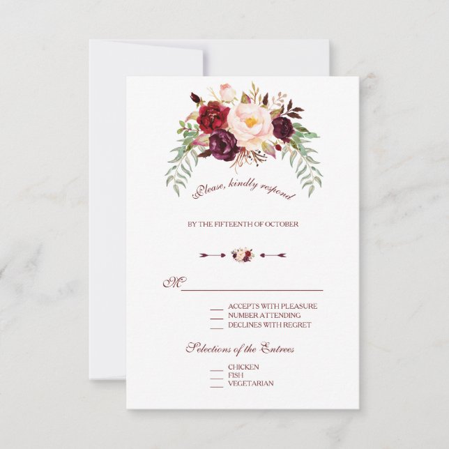 Elegante Marsala Vermelho Burgundy Casamento RSVP (Frente)