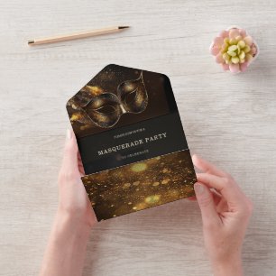 Elegante Máscara Preta e Dourada com RSVP