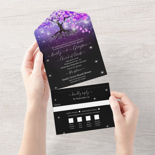 Elegante Mason Jar Purple Heart Leaf Tree Casament (Aba destacável)
