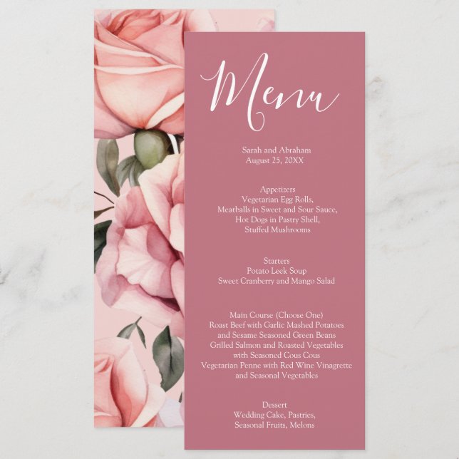 Elegante Mauve Pink e White Roses Menu Casamento (Frente/Verso)
