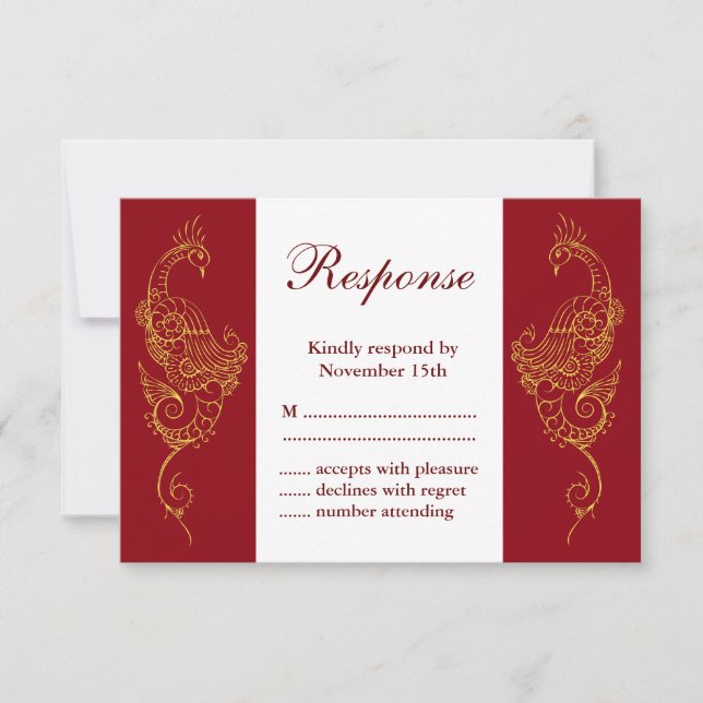 Elegante Mehndi Peacock Wedding RSVP - Vermelho e  (Frente)
