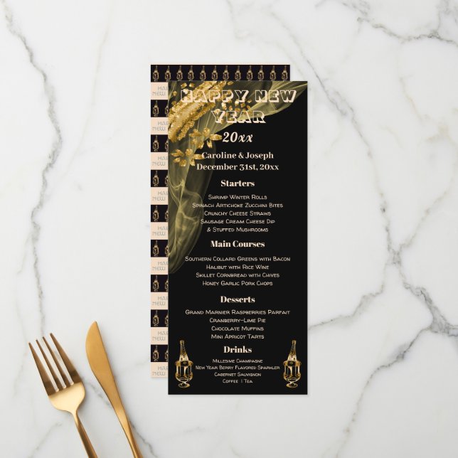 Elegante Menu de Ano Novo Preto e Dourado e Champa (Frente/Verso In Situ)