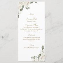 Elegante menu de buquê de rosa branca de casamento