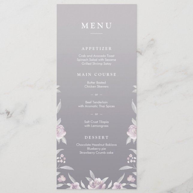 Elegante menu de casamento Chinoiserie prata flora (Frente)