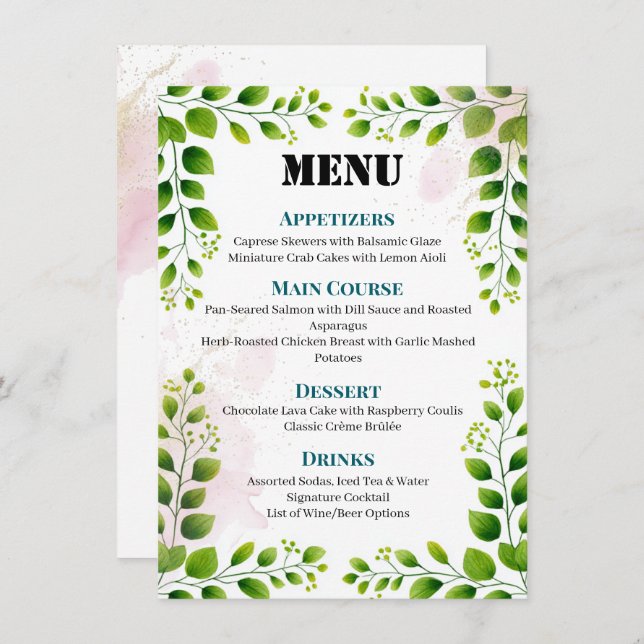 Elegante Menu de Casamento de Quadro Verde (Frente/Verso)
