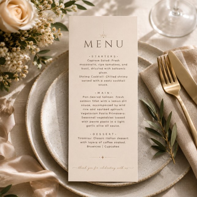 Elegante Menu de Casamento Editorial Bege Champanh (Criador carregado)