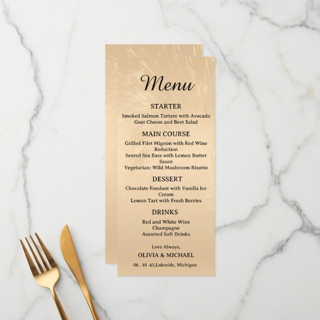 Elegante Menu de Casamento Mármore Dourado de Luxo (Frente/Verso In Situ)