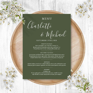 Elegante Menu de Casamento Verde Oliva com Letra P