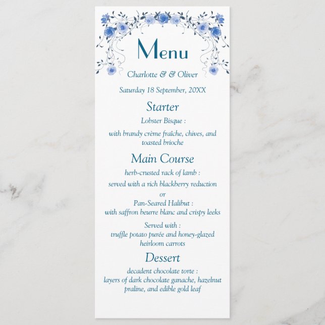 Elegante Menu de Jantar de Casamento Floral em Aqu (Frente)