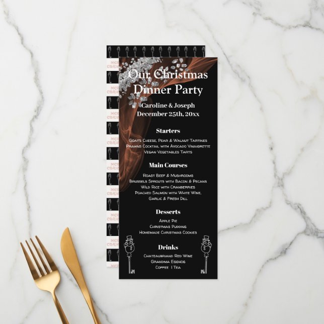 Elegante Menu de Natal Preto e Prata com Boneco de (Frente/Verso In Situ)