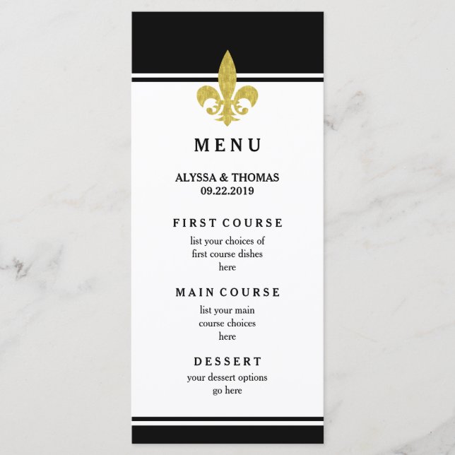 Elegante Menu de Ouro Fleur de Lis Preto e Branco (Frente)