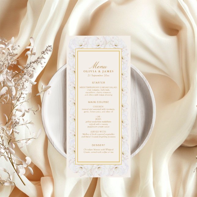 Elegante Menu Floral Branco com Borda Dourada em M (Criador carregado)