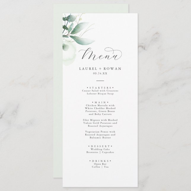 Elegante Menu Janto Casamento Verde (Frente/Verso)