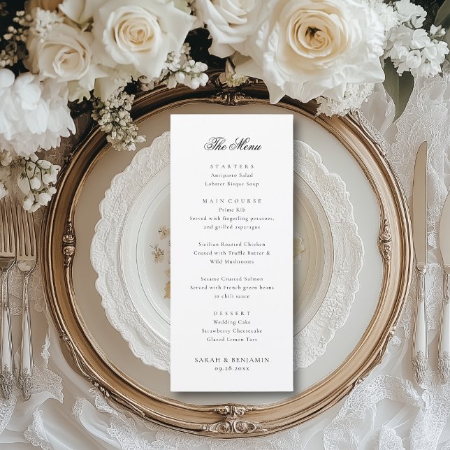 Elegante Menu Negra Casamento e Recepção Obrigado (This elegant wedding reception menu features your a luxurious script font.)
