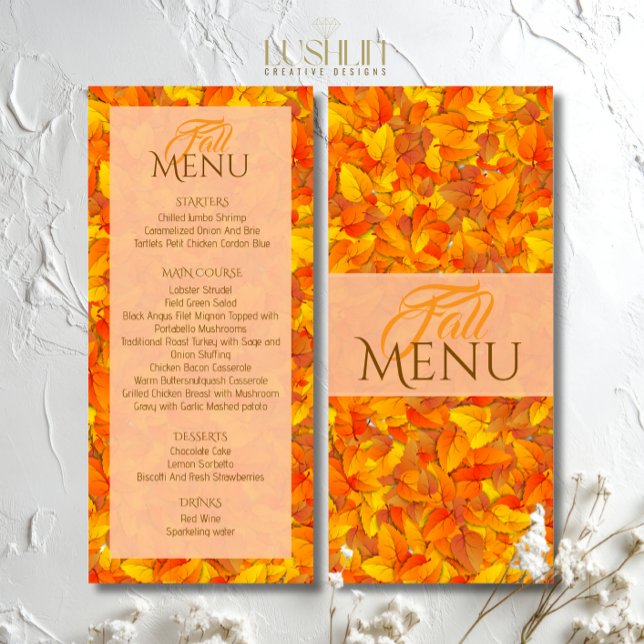 Elegante Menu Plano de Folhas Laranjas de Outono (Criador carregado)