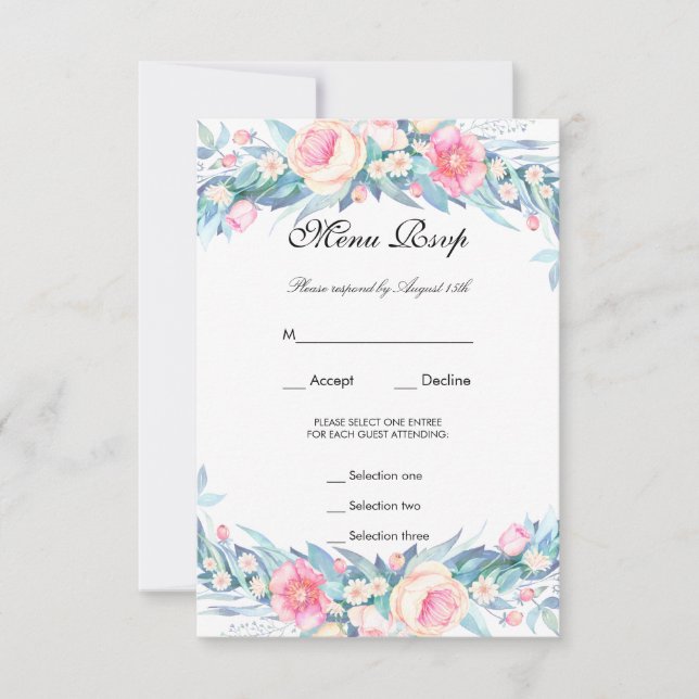 Elegante Menu RSVP Floral Aquarela (Frente)