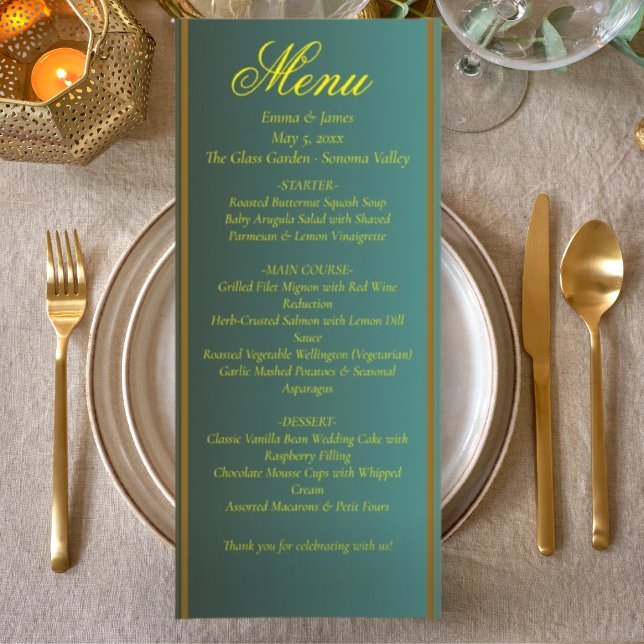 Elegante Menu Verde e Dourado Casamento (Criador carregado)