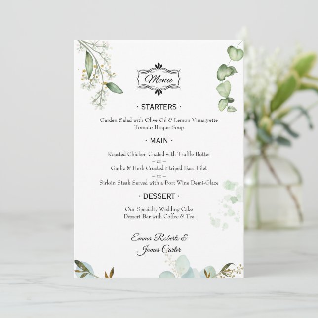 Elegante Mesa Greenery Menu Casamento (Em pé/Frente)