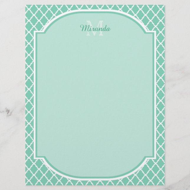 Elegante Mint Green Quatrefoil Monograma Com Nome (Frente)