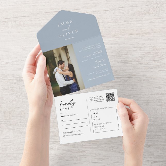 Elegante Modern Dusty Blue Boho QR Code Foto RSVP (Aba destacável)