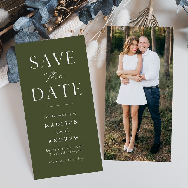 Elegante Moderno Save the Date de Foto em Verde Ol (Criador carregado)