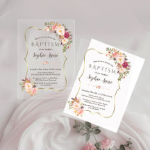 Elegante Moldura Dourada Flores Rosa Menina Batism