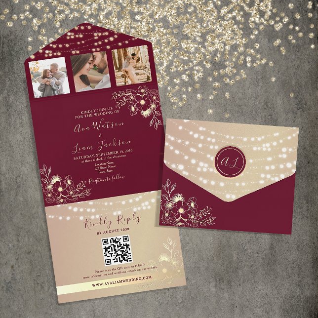 Elegante Monograma Casamento Bordeaux e Dourado (Criador carregado)