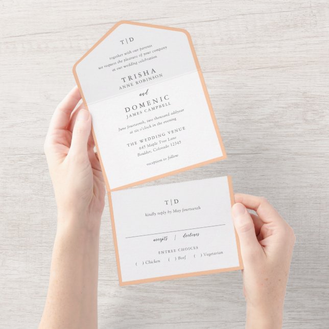 Elegante Monograma de Pêssego Casamento Moderno (Aba destacável)